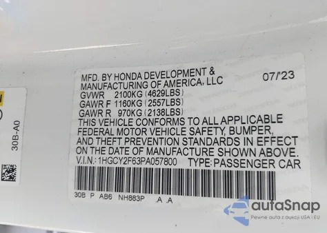 2023 Honda Accord Hybrid Ex-L из США, поврежденный, VIN 1HGCY2F63PA057800